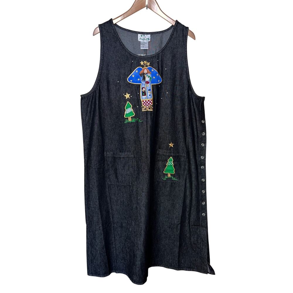 Vintage Quacker Factory Dress Womens 2X Maxi Denim Snowman Teacher Angel QVC